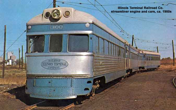Illinois Terminal Railroad Co. streamliner locomotive and cars, ca. 1950s. Illinois Terminal streamline locomotive & cars